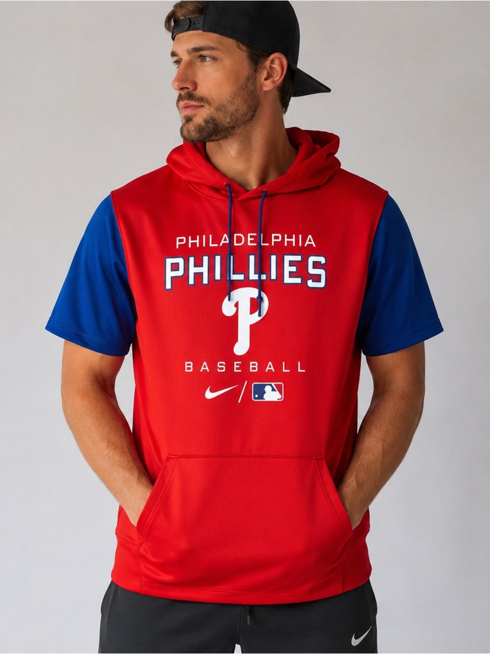 Nike MLB Philadelphia Phillies Red and Blue Short-Sleeve Hooded Pullover Men’s L